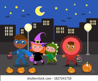 Kids in Halloween costumes, witch, dinosaur, superhero and coronavirus doing trick or treat in the city. Cartoon vector illustration