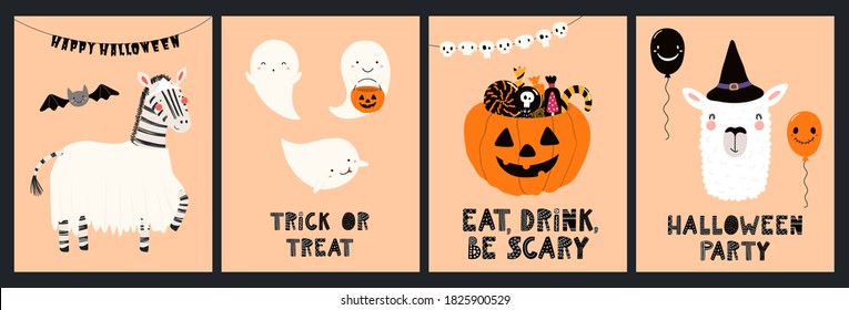 Kids Halloween cute animals in party costumes trick or treating, ghosts, pumpkin, candy, fun cards collection. Hand drawn vector illustration. Scandinavian style flat design. Concept for card, invite.