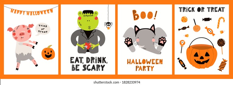 Kids Halloween cute animals in party costumes trick or treating, ghosts, pumpkin, candy, fun cards collection. Hand drawn vector illustration. Scandinavian style flat design. Concept for card, invite.