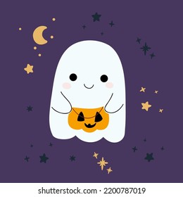 Kids Halloween cute animals in party costumes trick or treating, ghosts, pumpkin, candy, fun cards collection. Hand drawn vector illustration. Scandinavian style flat design. Concept for card, invite.