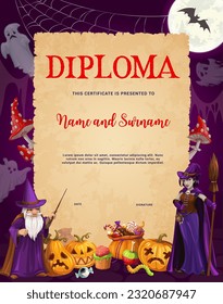 Kids halloween diploma with wizard and witch characters. Educational or appreciation school or kindergarten vector certificate with cartoon ghosts, sorcerer and jack lantern personages, award frame