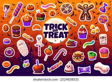 Paquete de pegatinas de dulces y postres de Halloween para niños. Vector conjunto de caramelos, cupcakes y golosinas espeluznantes. Parches de confitería de dibujos animados para decorar invitaciones de fiesta de halloween, bolsas de regalo o artesanías