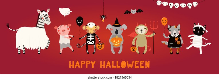Kids Halloween illustration, cute animals in party costumes, trick or treating. Hand drawn vector. Isolated elements. Scandinavian style flat design. Concept for children print, banner, card, invite.