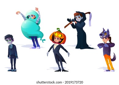 Kids in Halloween monsters costumes spooky set