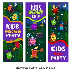 Kids Halloween party. Cartoon mineral and micronutrient wizards Se, Fe, Cl and Zn, P, Na, K, Ca, Zn or Cu with Mn funny food supplement capsules in night magic forest. Vector vertical banners or cards