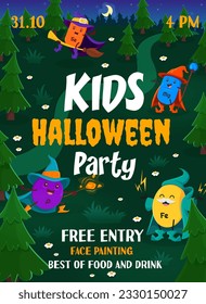 Kids Halloween party. Cartoon mineral and micronutrient wizards. Vector invitation poster or flyer template with funny Se, Mg, P and Fe food supplement capsules in night forest. Amusement for children