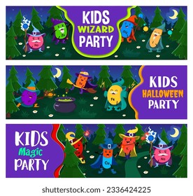 Kids Halloween party. Cartoon mineral and micronutrient wizards Na, Zn, Mg and I. P, Se, Fe, Ca, Cu, K and Na warlocks, witches and sorcerer characters in night forest. Vector horizontal banners