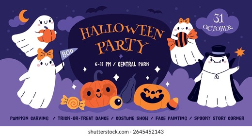 Festa de Halloween para crianças. Desenho de convite feliz, poltergeist bonito, fantasmas engraçados com abóboras sorridentes, feriado assustador infantil, banner web, desenho animado estilo plano isolado garish vetor conceito