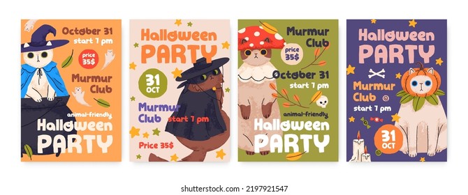 Kids Halloween party posters with cute cats. Helloween card background designs with funny kitties in holiday costumes. Vertical inviting banners, promotion flyers. Colored flat vector illustrations