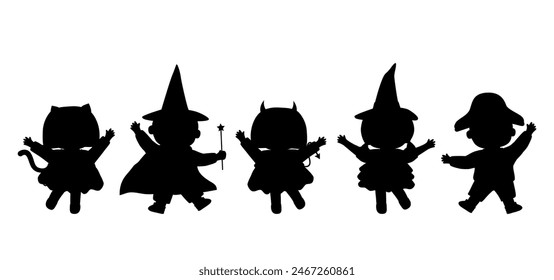 Halloween-Party für Kinder. Silhouetten von Kindern in Halloween Kostümen. Kinder tanzen. Hexe, Pirat, Imp, Katze, Zauberer.Menschen Silhouetten. Schwarz auf Weiß. Vektorillustration