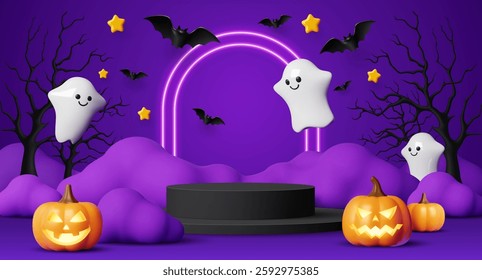 Kids Halloween podium. 3d vector platform featuring playful ghosts, glowing jack lanterns and bats flying over purple backdrop, surrounded by stars, clouds and bare trees, enhanced by a lit neon arch