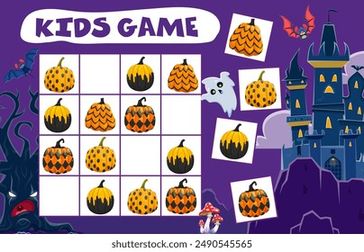 Kids Halloween sudoku game, patterned pumpkins. Vector riddle with cartoon painted gourds on checkered board. Educational task, children crossword teaser for spare time activity, recreation boardgame