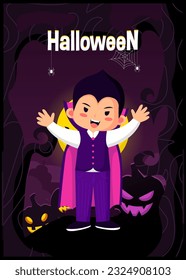 Kids halloween vector illustration in dracula costume. halloween party poster or invitation vector template. Vector eps 10