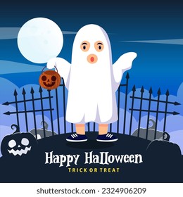 Kids halloween vector illustration in ghost costume. halloween party poster or invitation vector template.