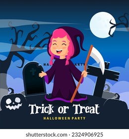 Kids halloween vector illustration in grim reaperr costume. halloween party poster or invitation vector template.