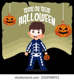 Kids halloween vector illustration in skull costume. halloween party poster or invitation vector template. Vector eps 10