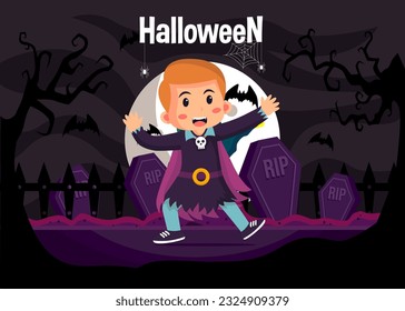 Kids halloween vector illustration in vampire costume. halloween party poster or invitation vector template. Vector eps 10