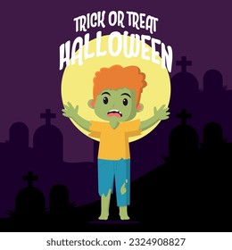 Kids halloween vector illustration in zombie costume. halloween party poster or invitation vector template. Vector eps 10