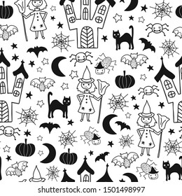 Kids Halloween vector pattern. Seamless monochrome background with hand drawn witch, spooky castle, cats, spiders, bat. Cute Halloween illustration black white. Fabric, gift wrap, invitation card