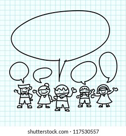 Kids hand draw cartoon on blue graph paper.