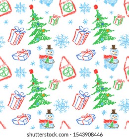 Kids hand drawing christmas seamless funny simple pattern. Like child drawn smiling snowman, tree, gift box, snowflake and house. Crayon, pastel chalk or pencil doodle vector isolated background