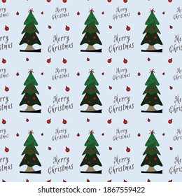 Kids hand drawing christmas seamless funny simple pattern. Like hand drawn tree, gift box, snowflake and Merry Christmas text vector isolated background