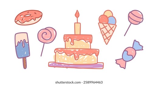 Kids hand drawing element collection, painting decoration icons for birthday or baby shower celebration. Vector isolated ice cream corn and donut, lollypops and candy, cake with candle