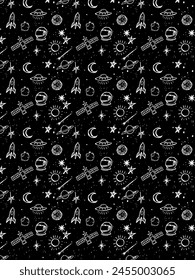 kids hand drawing style space pattern with black background. suitable for background or wallpaper