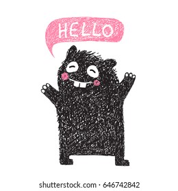 Kids Hand Drawn Black Monster say Hello. Cartoon fun happy creature for children design. Vector illustration