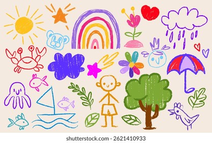 Crianças mão desenhado lápis de cera imagens conjunto isolado no fundo branco. Ilustração realista vetorial do menino de desenho animado, arco-íris de verão, sol, flor, caranguejo do mar, peixe, guarda-chuva e nuvem chuvosa, ícones de giz de cor