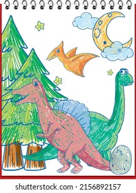 Kids hand drawn doodle dinosaurs illustration