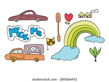 kids hand drawn doodle set like car, cloud, rainbow, flag, heart, love and pick me lettering.