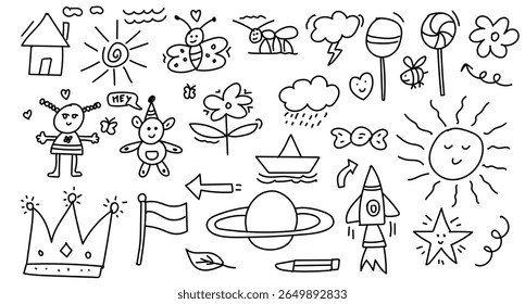 kid's hand drawn drawings pattern, cute school sketches, flowers, house, butterflies, boat, planet, rocket and more. Creative children's hand drawing of a toddler.