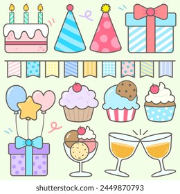 Kids hand drawn kawaii birthday party cute elements set vector illustration