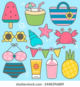 Kids hand drawn kawaii summer cute elements set vector illustration