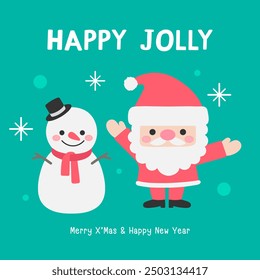 Kids hand drawn Merry Christmas and happy new year greeting card with cute Santa Claus and snowman