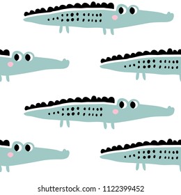 Kids hand drawn seamless pattern with crocodiles. Summer background. Vector illustration. Print for baby design. Scandinavian style