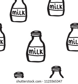 Kids hand drawn seamless pattern with bottles of milk. Vector illustration. Print for babys design and clothing. Scandinavian style