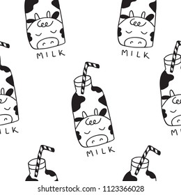 Kids hand drawn seamless pattern with bottles of milk with the cow character. Vector illustration. Print for babys design and clothing. Scandinavian style