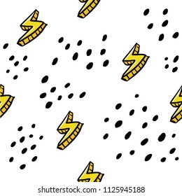 Kids hand drawn seamless pattern with colorful flash. Summer background. Vector illustration. Print for babys design. Scandinavian style