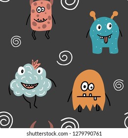 Kids hand drawn seamless pattern with monsters. Vector illustration. Cute doodles background.
