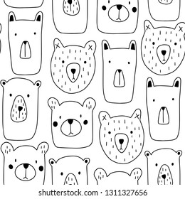 Kids hand drawn seamless pattern with teddy bears. Black and white background. Scandinavian style design. Vector illustration