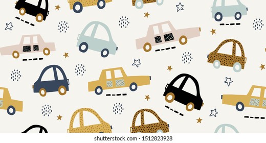 Kids hand drawn seamless pattern with cute cars and stars. Nursery minimalistic background. Scandinavian design for children. Kids pattern