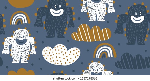 Kids hand drawn seamless pattern with colorful cute monsters characters. Nursery minimalistic background. Pastel colors for boy. Scandinavian design. Print for babys design. Kids pattern 