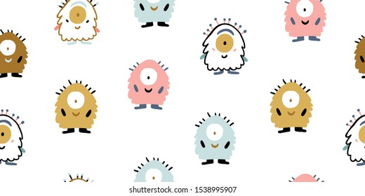 Kids hand drawn seamless pattern with colorful cute monsters characters. Nursery minimalistic background. Pastel colors for baby. Scandinavian design. Print for babys design. Kids pattern 