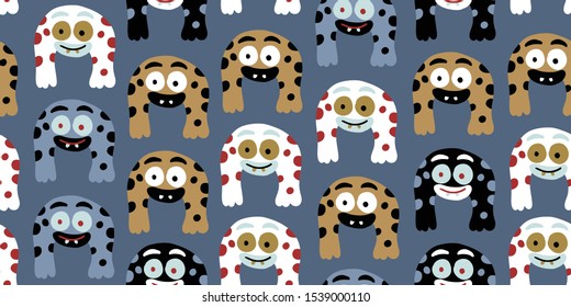 Kids hand drawn seamless pattern with colorful cute monsters characters. Nursery minimalistic background. Pastel colors for baby. Scandinavian design. Print for babys design. Kids pattern 