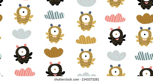 Kids hand drawn seamless pattern with colorful cute monsters characters. Nursery minimalistic background. Pastel colors for baby. Scandinavian design. Print for babys design. Kids pattern 