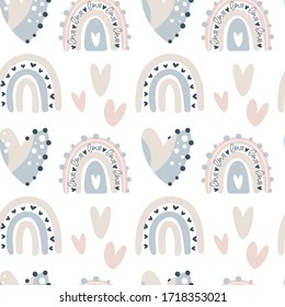 Kids hand drawn seamless pattern with colorful pastel rainbows and hearts. Summer background. Vector illustration star. Print for baby design. Scandinavian style.