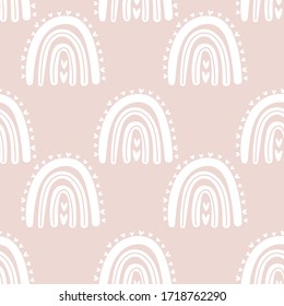 Kids hand drawn seamless pattern with pink pastel rainbows. Summer background. Vector illustration for baby design. Scandinavian style.