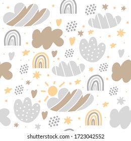Kinder handgezeichnet nahtlose Muster mit süßen Wolken, Regenbögen und Sternen. Kindergarten minimalistischer Hintergrund. Skandinavisches Design für Kinder